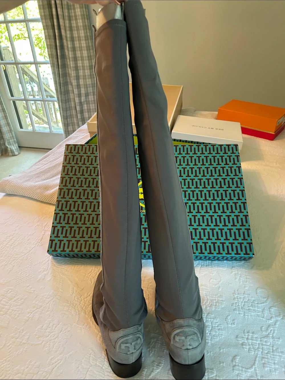 Tory Burch Over-the-Knee Suede Stretch Boots in Gray